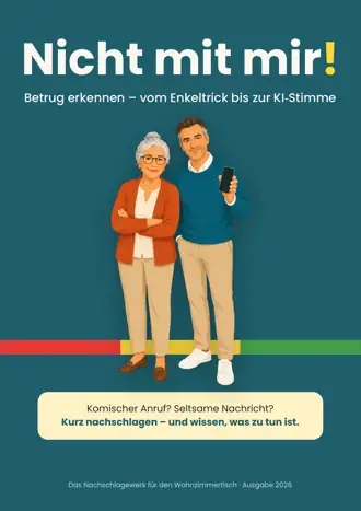 Buchcover „Nicht mit mir! – Betrug erkennen“ mit den zwei Begleitfiguren Frau Aydın und Herr Berger